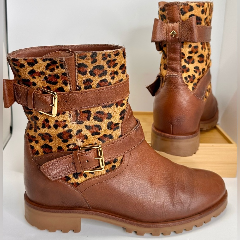 KATE SPADE Women’s Tan Brown Leather Sonia Cheetah Leopard Moto Combat Boots; 6